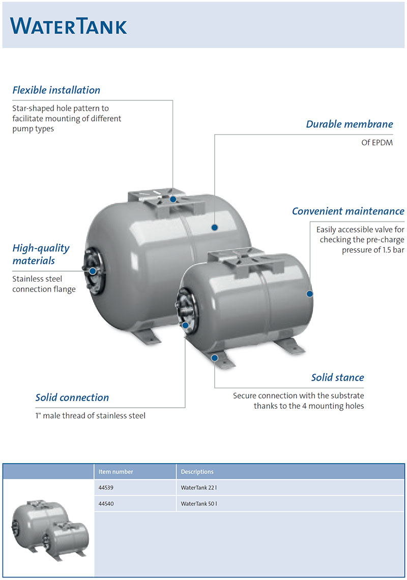 Oase užitková čerpadla, info list tlakové nádoby, Water Tank