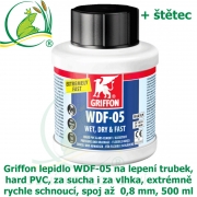 Extrémně rychle schnoucí Griffon lepidlo  WDF-05 na trubky, hard PVC, za sucha i za vlhka, spoj až 0,8 mm, 500 ml + štětec, pro průměry do 160 mm