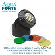 AquaForte LED světlo HP1-1, 1 ks 1,6 Watt LED osvětlení jezírek a zahrad s auto-senzorem ON/OFF, včetně trafa, barevných skel a kabelů, cca 7 m