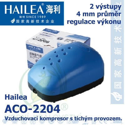 Vzduchovací kompresor tichý Hailea ACO-2204, 2x2 l/min, 4 Watt, do 40 db,
