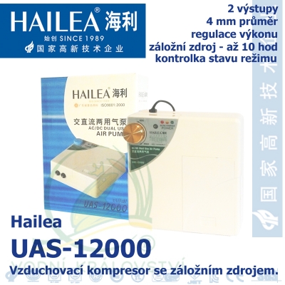 Vzduchovací kompresor se záložním zdrojem Hailea UAS-12000, 10 hod provozu, 5 l/min, 8 Watt,