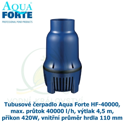 Tubusové čerpadlo Aqua Forte HF-40000, max. průtok 40000 l/h, výtlak 4,5 m, příkon 420W, vnitřní průměr hrdla 110 mm