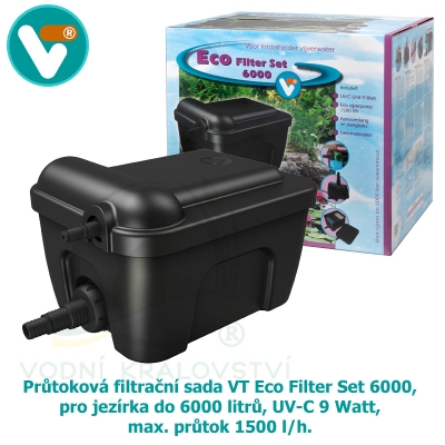 Průtoková filtrační sada VT Eco Filter Set 6000, pro jezírka do 6000 litrů, UV-C 9 Watt, max. průtok 1500 l/h, hadice