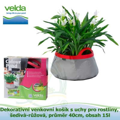 Dekorativní venkovní košík s uchy pro rostliny, šedivá-růžová, průměr 40cm, obsah 15l - Velda Colour Pond