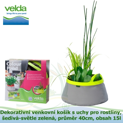 Dekorativní venkovní košík s uchy pro rostliny, šedivá-světle zelená, průměr 40cm, obsah 15l - Velda Colour Pond