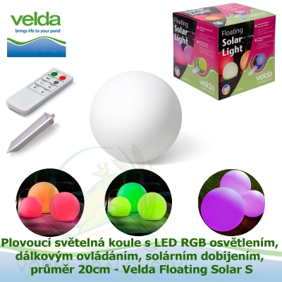Plovoucí světelná koule s LED RGB osvětlením + dálkovým ovládáním + solárním dobíjením, průměr 20cm - Velda Floating Solar S