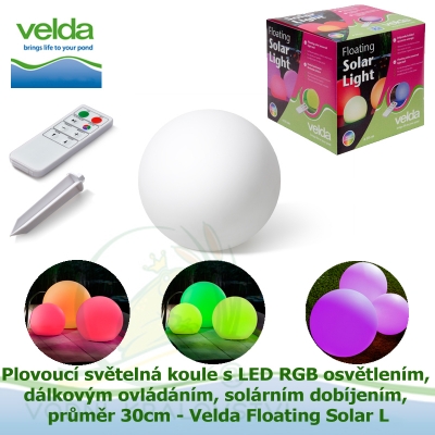Plovoucí světelná koule s LED RGB osvětlením + dálkovým ovládáním + solárním dobíjením, průměr 30cm - Velda Floating Solar L