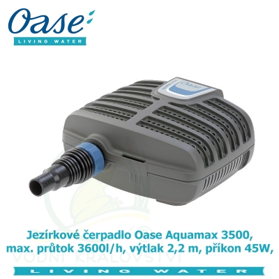 Jezírkové čerpadlo Oase Aquamax 3500, max. průtok 3600l/h, výtlak 2,2 m, příkon 45W,