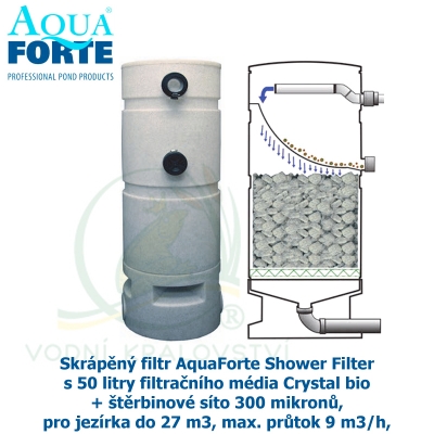 Skrápěný filtr AquaForte Shower Filter s 50 litry filtračního média Crystal bio + štěrbinové síto 300 mikronů,  pro jezírka do 27 m3, max. průtok 9 m3/h, 