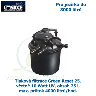Tlaková filtrace Green Reset 25, včetně 10 Watt UV, pro jezírka do 8000 litrů, obsah 25 l, max. průtok 4000 litrů/hod. 