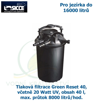 Tlaková filtrace Green Reset 40, včetně 20 Watt UV, pro jezírka do 16000 litrů, obsah 40 l, max. průtok 8000 litrů/hod. 