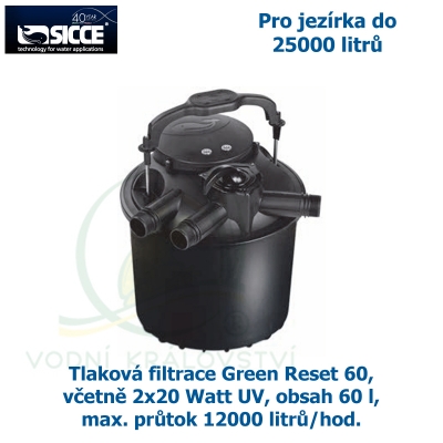 Tlaková filtrace Green Reset 60, včetně 2x20 Watt UV, pro jezírka do 25000 litrů, obsah 60 l, max. průtok 12000 litrů/hod. 