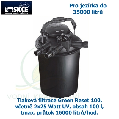 Tlaková filtrace Green Reset 100, včetně 2x25 Watt UV, pro jezírka do 35000 litrů, obsah 100 l, max. průtok 16000 litrů/hod. 