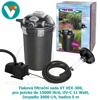 Tlaková filtrační sada VT VEX-300, pro jezírka do 15000 litrů, UV-C 11 Watt, čerpadlo 3000 l/h, hadice 5 m