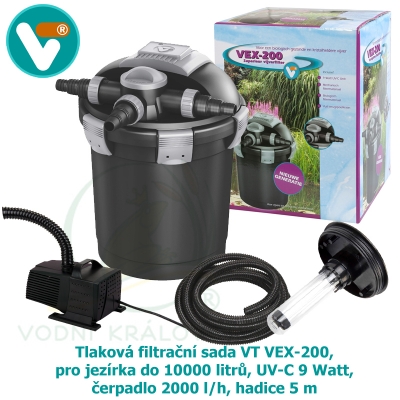 Tlaková filtrační sada VT VEX-200, pro jezírka do 10000 litrů, UV-C 9 Watt, čerpadlo 2000 l/h, hadice 5 m