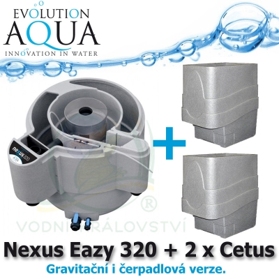 Evolution Aqua Nexus Eazy 320 + 2 x mechanický předfiltr Cetus, filtrace pro koi jezírka a chovy ryb do 18 m3, pro okrasná a biotopy do 150 m3, četně 18 l K1 Micro a 50 l K1