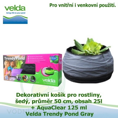 Dekorativní košík pro rostliny, šedá, průměr 50cm, obsah 25l + AquaClear 125 ml - Velda Trendy Pond Gray