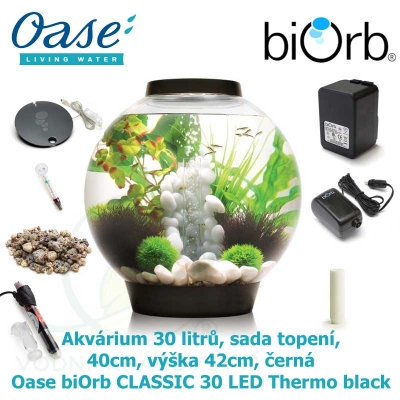 Akvárium 30 litrů, průměr 40cm, výška 42cm, černá, sada topení - Oase biOrb CLASSIC 30 LED Thermo black