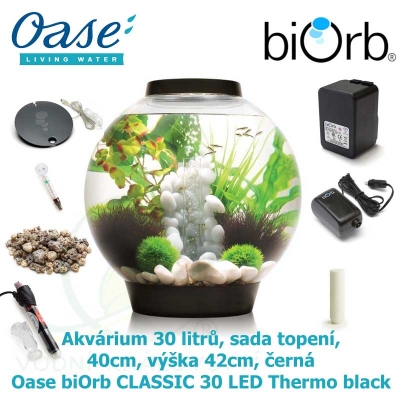 Akvárium 30 litrů, průměr 40cm, výška 42cm, černá, sada topení - Oase biOrb CLASSIC 30 LED Thermo black