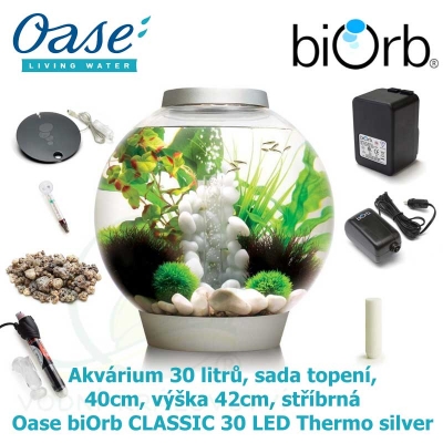 Akvárium 30 litrů, průměr 40cm, výška 42cm, stříbrná, sada topení - Oase biOrb CLASSIC 30 LED Thermo silver