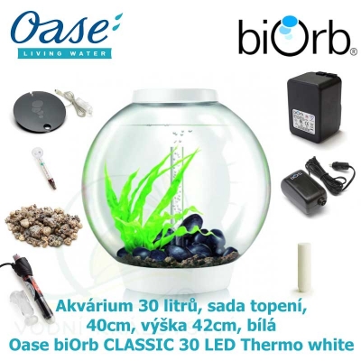 Oase biOrb CLASSIC 30 LED Thermo white - Akvárium 30 litrů, průměr 40cm, výška 42cm, bílá, sada topení