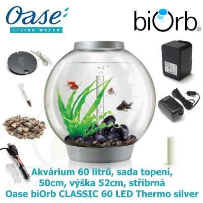 Akvárium 60 litrů, průměr 50cm, výška 52cm, stříbrná - Oase biOrb CLASSIC 60 LED Thermo silver