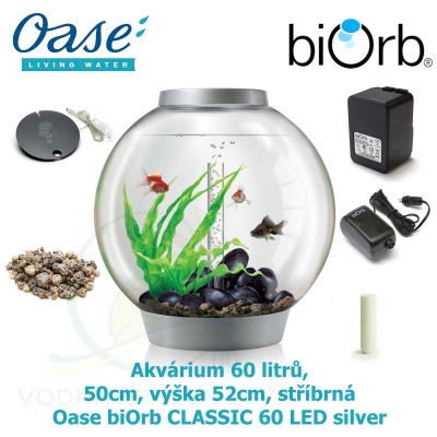 Akvárium 60 litrů, průměr 50cm, výška 52cm, stříbrná - Oase biOrb CLASSIC 60 LED silver