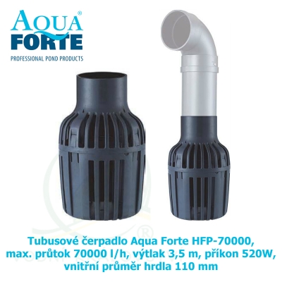 Tubusové čerpadlo Aqua Forte HFP-70000, max. průtok 70000 l/h, výtlak 3 m, příkon 520W, vnitřní průměr hrdla 110 mm.