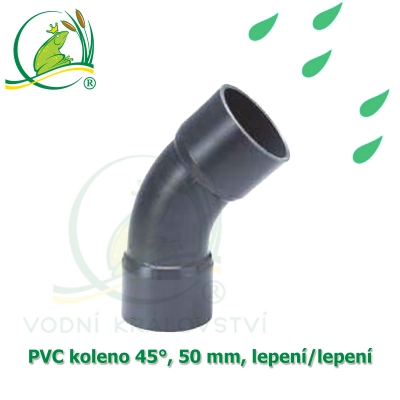 PVC spojka-koleno 45°, 50 mm, oboustranně lepící jezírková spojka na hadice a PVC trubky 50 mm
