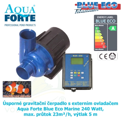 Úsporné gravitační čerpadlo s externím ovladačem Aqua Forte Blue Eco Marine 240 Watt, max. průtok 23m³/h, výtlak 5 m