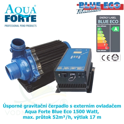 Úsporné gravitační čerpadlo s externím ovladačem Aqua Forte Blue Eco 1500 Watt, max. průtok 52m³/h, výtlak 17 m