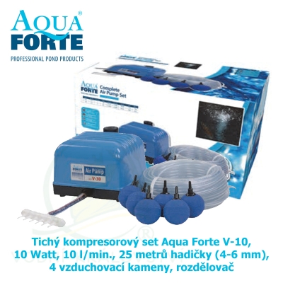 Tichý kompresorový set Aqua Forte V-10, 10 Watt, 10 l/min., 25 metrů hadičky (4-6 mm), 4 vzduchovací kameny, rozdělovač