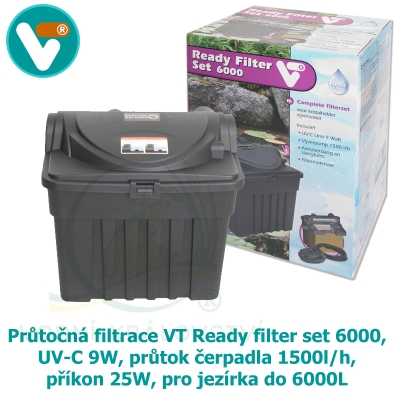 Průtočná filtrace VT Ready filter set 6000, UV-C 9W, průtok čerpadla 1500l/h, příkon 25W, pro jezírka do 6000L