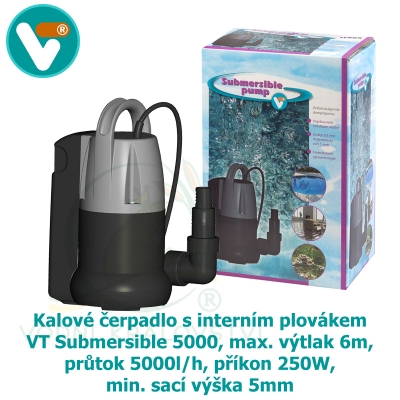 Kalové čerpadlo s interním plovákem VT Submersible 5000, max. výtlak 6m, průtok 5000l/h, příkon 250W, min. sací výška 5 mm