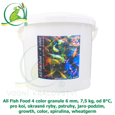 All Fish Food 4 color granule 6 mm, 7,5 kg, od 8°C, pro koi, okrasné ryby, pstruhy, jaro-podzim, growth, color, spirulina, wheatgerm