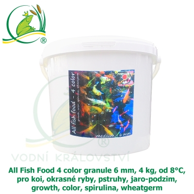 All Fish Food 4 color granule 6 mm, 4 kg, od 8°C, pro koi, okrasné ryby, pstruhy, jaro-podzim, growth, color, spirulina, wheatgerm