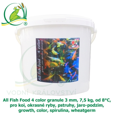 All Fish Food 4 color granule 3 mm, 7,5 kg, od 8°C, pro koi, okrasné ryby, pstruhy, jaro-podzim, growth, color, spirulina, wheatgerm