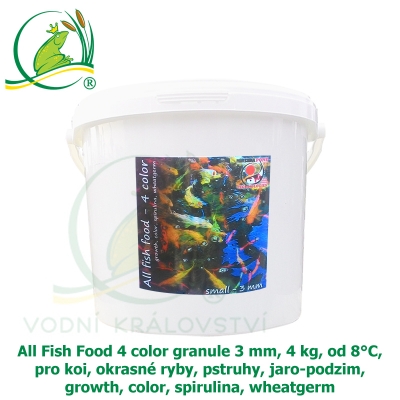 All Fish Food 4 color granule 3 mm, 4 kg, od 8°C, pro koi, okrasné ryby, pstruhy, jaro-podzim, growth, color, spirulina, wheatgerm