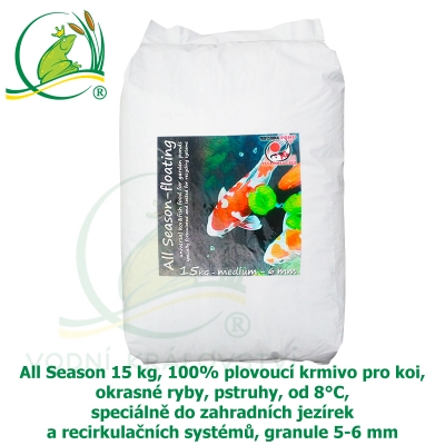 All Season 15 kg, 100% plovoucí krmivo pro koi, okrasné ryby, pstruhy, od 8°C, speciálně do zahradních jezírek a recirkulačních systémů, granule 5-6 mm