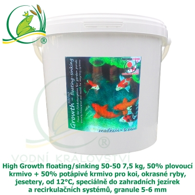 High Growth floating/sinking 50-50 7,5 kg, 50% plovoucí krmivo + 50% potápivé krmivo pro koi, okrasné ryby, jesetery, od 12°C, speciálně do zahradních jezírek a recirkulačních systémů, granule 5-6 mm
