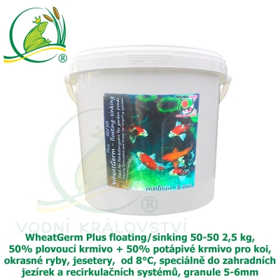 WheatGerm Plus floating/sinking 50-50 2,5 kg, 50% plovoucí krmivo + 50% potápivé krmivo pro koi, okrasné ryby, jesetery,  od 8°C, speciálně do zahradních jezírek a recirkulačních systémů, granule 5-6m