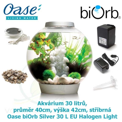 Akvárium 30 litrů, průměr 40cm, výška 42cm, stříbrná - Oase biOrb Silver 30 L EU Halogen Light