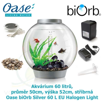 Akvárium 60 litrů, průměr 50cm, výška 52cm, stříbrná - Oase biOrb Silver 60 L EU Halogen Light