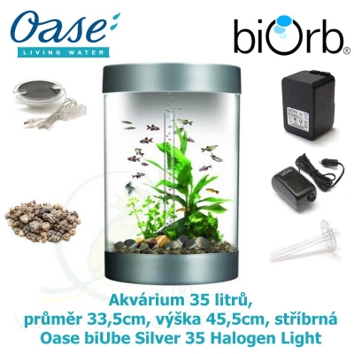 Akvárium 35 litrů, průměr 33,5cm, výška 45,5cm, stříbrná - Oase biUbe Silver 35 Halogen Light 