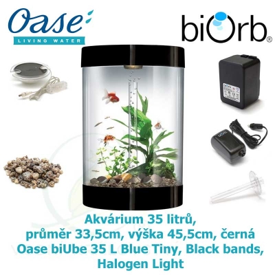 Akvárium 35 litrů, průměr 33,5cm, výška 45,5cm, černá - Oase biUbe 35 L Blue Tiny, Black bands, Halogen Light