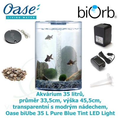 Akvárium 35 litrů, průměr 33,5cm, výška 45,5cm, transparentní s modrým nádechem - Oase biUbe 35 L Pure Blue Tint LED Light 